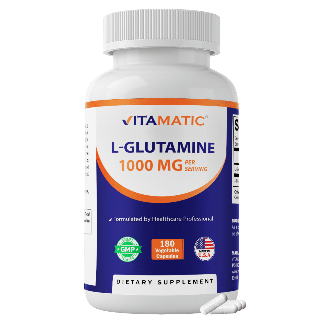 Vitamatic L-Glutamine 1000 mg Per Serving, 180 Vegetarian Capsules, Non-GMO, Gluten Free, Amino Acid Supplement, Made in the USA