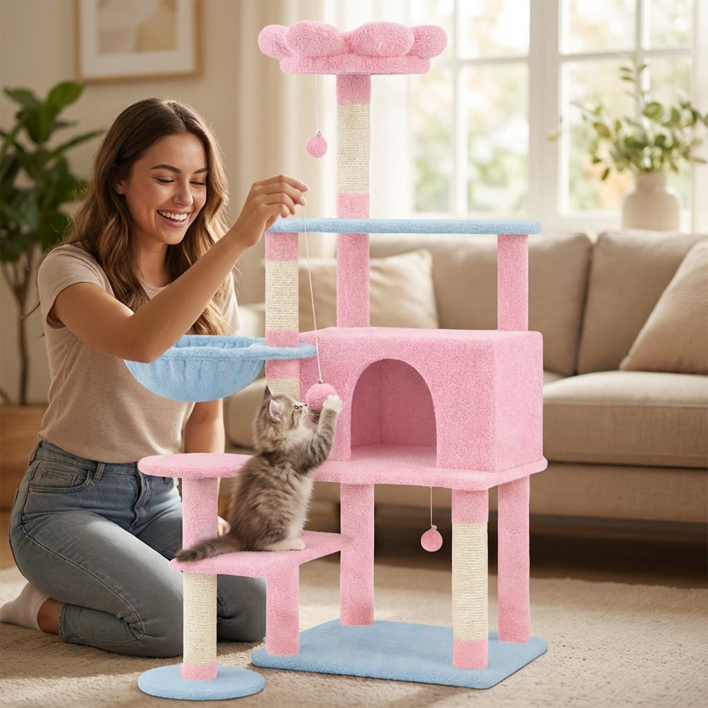 Flower Cat Tree With Large Condo Removable Flower Cushion and Hammock, Pink