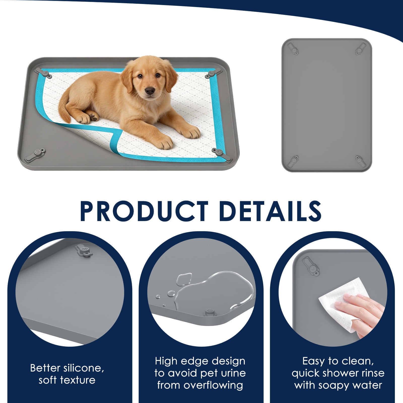 Pee Pad Tray Holder for Dogs - Fits Up to 24.41x16.54in. Square Potty Training Pads No Spill Raised Lip High Edge Silicone Mat, Extra Thick and Non-Slip for Indoor Floor Protection (S, Grey)