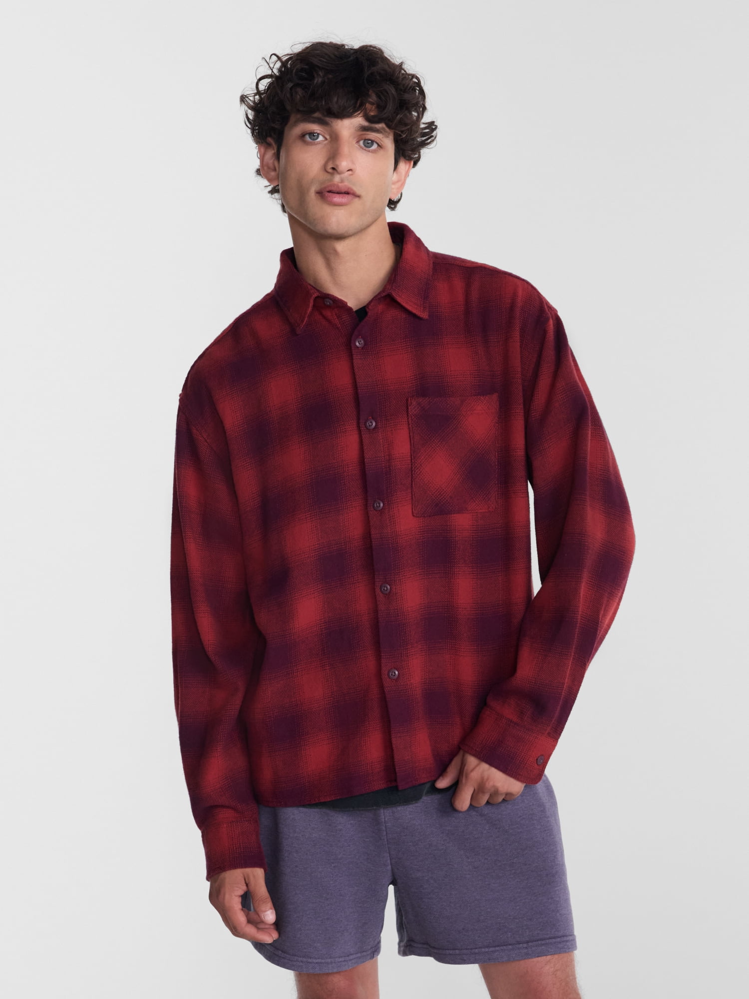 No Boundaries Boxy Cotton Plaid Flannel with Long Sleeves, Men's and Big Men's XS-4XLT