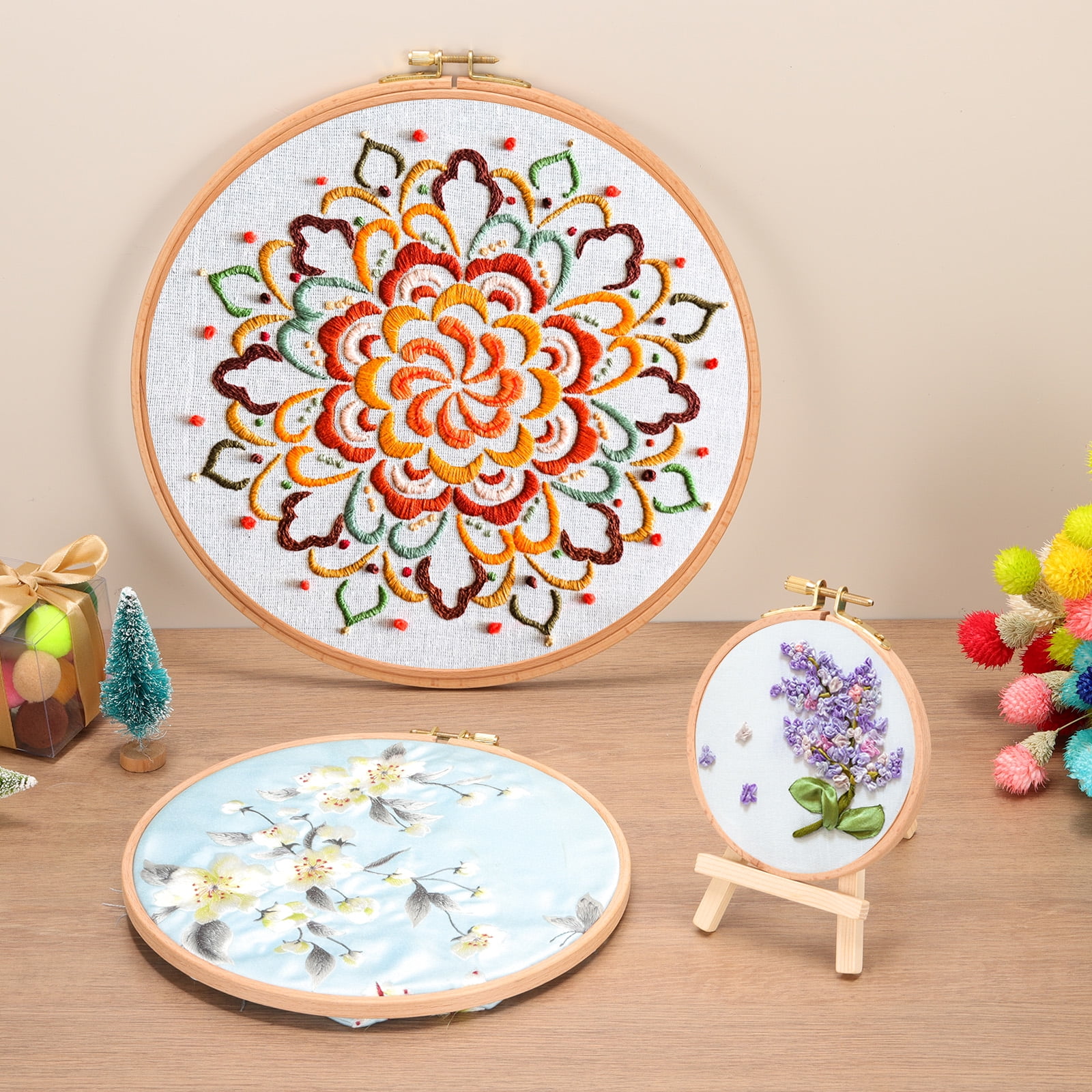 Uxcell 3 Pieces 12 Inch Beech Wood Embroidery Hoops, Circle Cross Stitch Hoop Frames with Adjustment Brass Screw