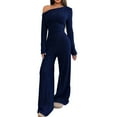 thumbnail image 2 of Huankd Spring Two Piece Sets for Women 2026 Off Shoulder Tops Long Pants Knit Matching Lounge Set Airport Travel Outfits Navy 2XL, 2 of 5