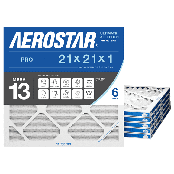 Aerostar 21x21x1 MERV 13 AC Furnace Air Filter, Pleated HVAC Filter, MPR 1900 FPR 10, Allergen Defense, 6-Pack, Made in USA