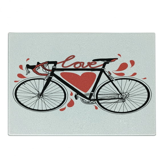 Love Cutting Board, Bike Illustration Heart and Drops Modern Hipster Fashion Retro Art, Decorative Tempered Glass Cutting and Serving Board, Small Size, Orange Black, by Ambesonne