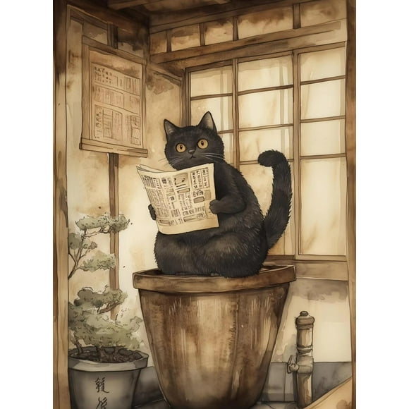 Japanese Black Cat Bathing Moon Lucky Cat Cartoon Illustration Retro Poster Canvas Paintings Wall Art Pictures Home Decor Gifts50 x 70 cm (without frame),SKU-03
