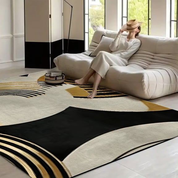 RKSupls Geometric Circle Black Stripe and Gold  Soft Fluffy Velvet Area Rug   for Living Room Bedroom, Non-Slip Washable Carpet, Modern Minimalist Home Decor Floor Mat