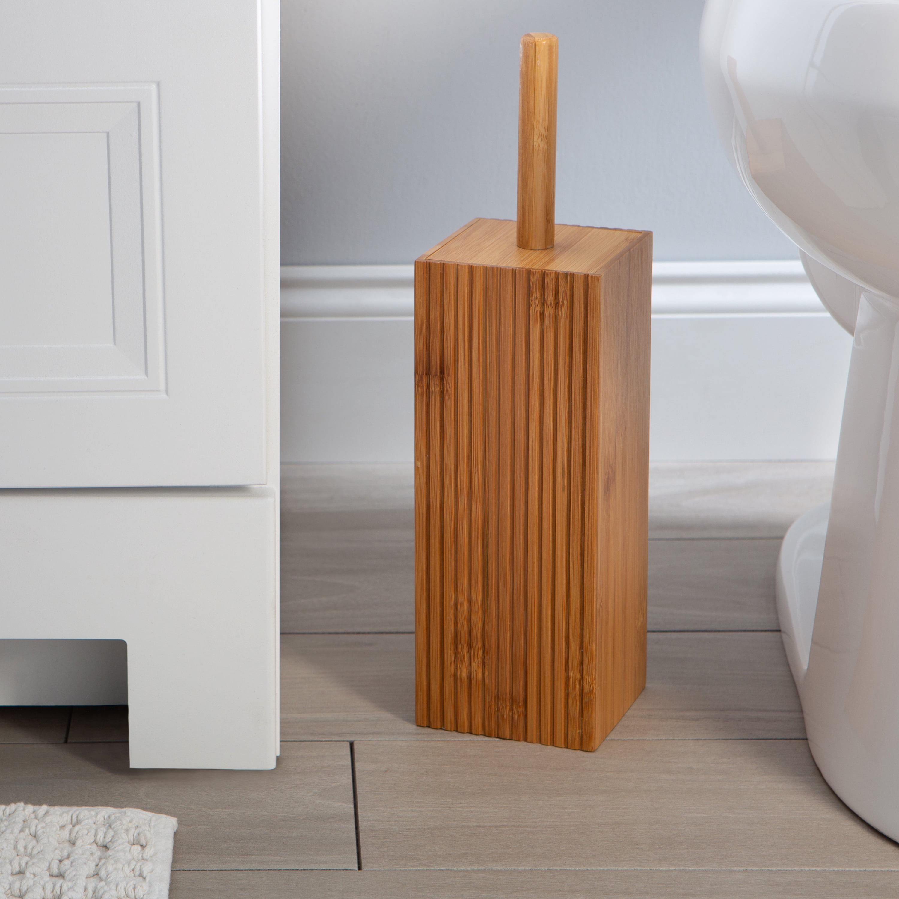 Bath Bliss Tall Square Bamboo Toilet Bowl Brush and Holder