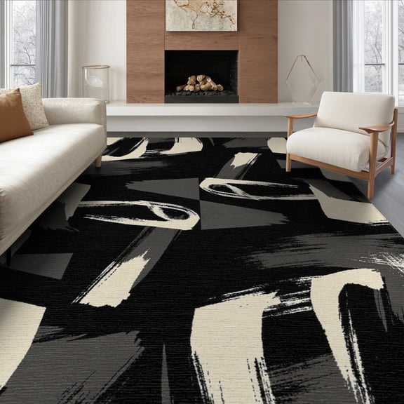 ODIKA 8'x10' Washable Area Rug Non-Shedding, Easy Care, Modern Brushstroke With Minimalist Geometric Accents Abstract Flowing Dynamic for King Size Bedroom Under Bed, Master Suite