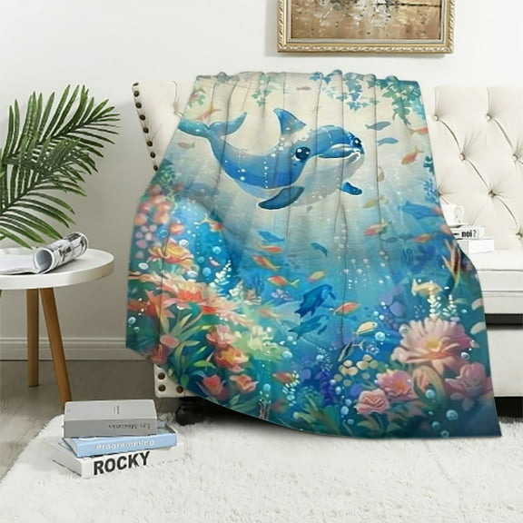 BCIIG Cartoon Shark Kids Throw Blanket,Tropical Fish Coral Seaweed Bed Blanket for Boys Girls,Underwater World Marine Life Fleece Blanket,Blue White Fuzzy Blanket,Baby Size 40x50in