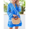 thumbnail image 4 of Liacowi Women Bobo Dress Summer Flowy Dress Casual Contrast Color Loose V Neck Long Sleeve Short Dress for Beach Streetwear, 4 of 9