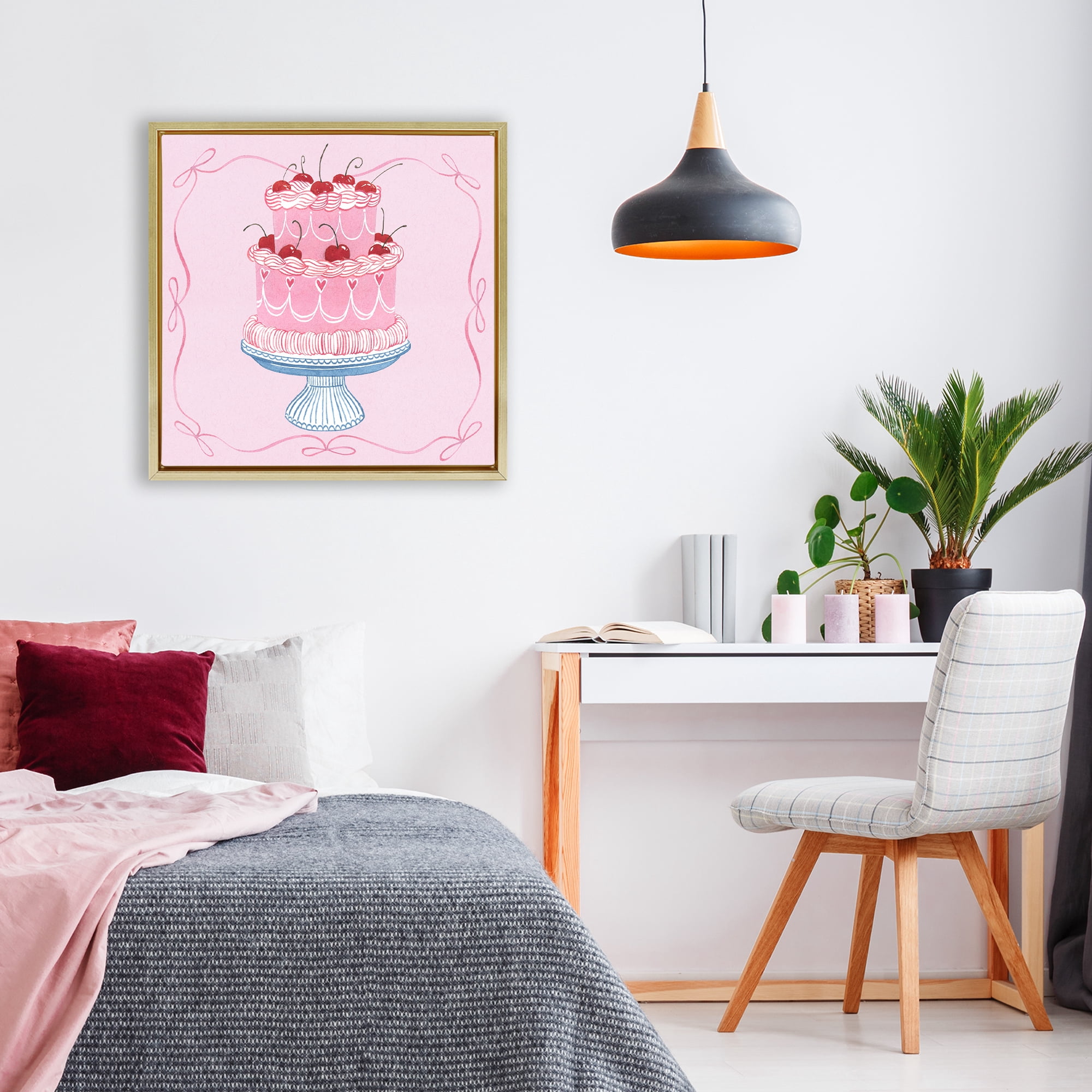 Stupell Industries Romantic Pink Cherry Cake Gold Framed Floater Canvas Wall Art, design by Grace Popp