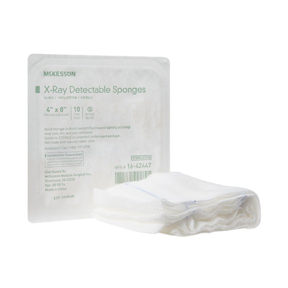 McKesson X-Ray Detectable Gauze Sponges, 16-Ply - Sterile, 4 in x 8in, 10 per Pack, 80 Packs, 800 Total