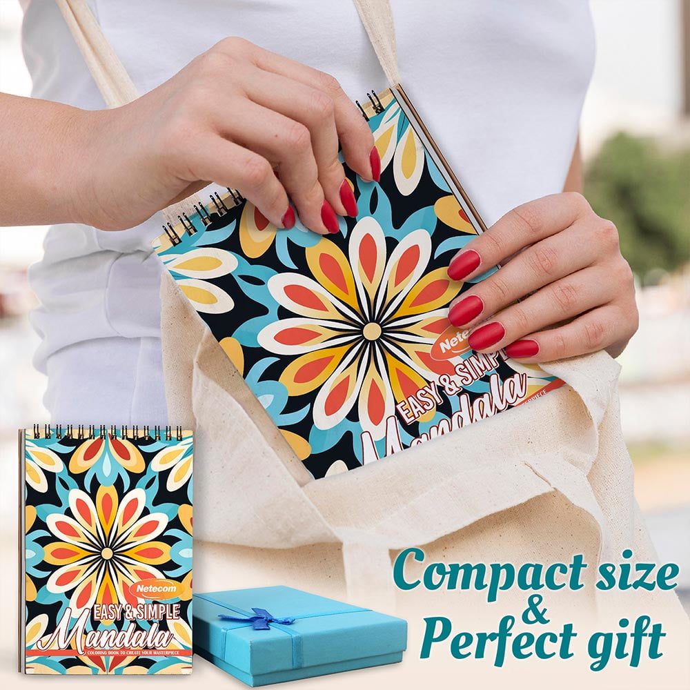 Netecom Easy and Simple Mandala Coloring Book Spiral Bound For Adults, A5 Wooden Cover, 30 Calming Coloring Pages of Minimalist Mandala Designs for Stress Relief and Relaxation