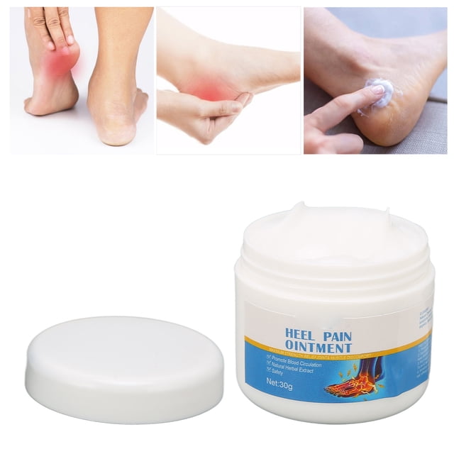 crema para el dolor de pies, crema para el talón eficiente de rápida absorción para dedos de los pies para tobillo para articulaciones tarro blanco de 30 g con crema blanca y etiqueta 'Heel Pain Ointment'; manos aplicando y masajeando la zona del talón enrojecida y el tobillo, indicada para molestias articulares del pie; también adecuada para masajes localizados tras ejercicio.