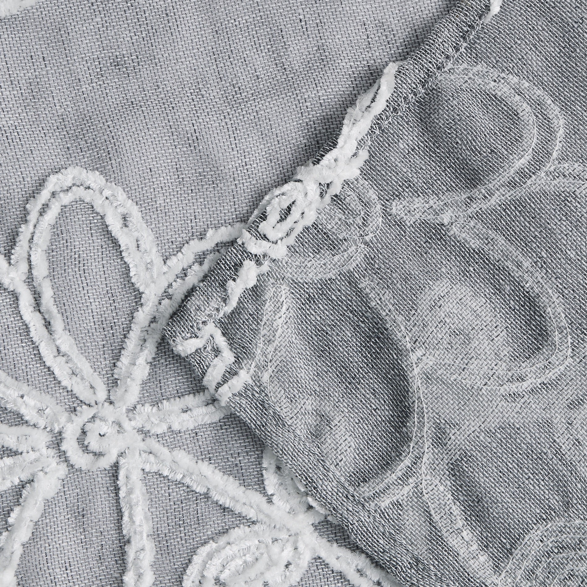 Dainty Home Rita 3D Floral Chenille Embroidered Solid Sheer Linen Look 70 x 72 Shower Curtain In Silver