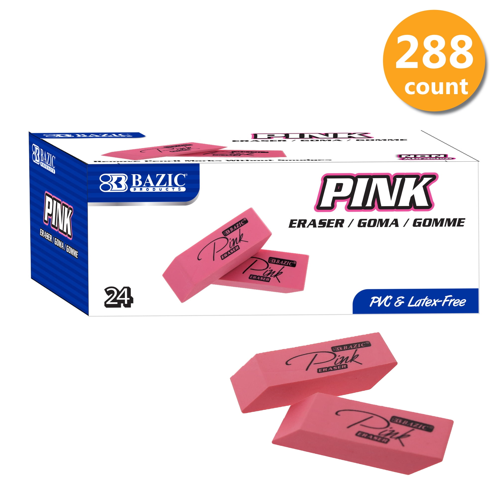 BAZIC Pink Bevel Eraser (Total 288 Count), Latex Free, Large Size Bulk