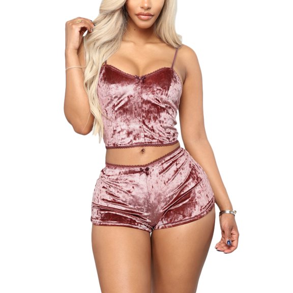 Akmipoem 2 Piece Women Pajama Set Sleepwear Velvet Camisole Crop Shorts Set Pink XL