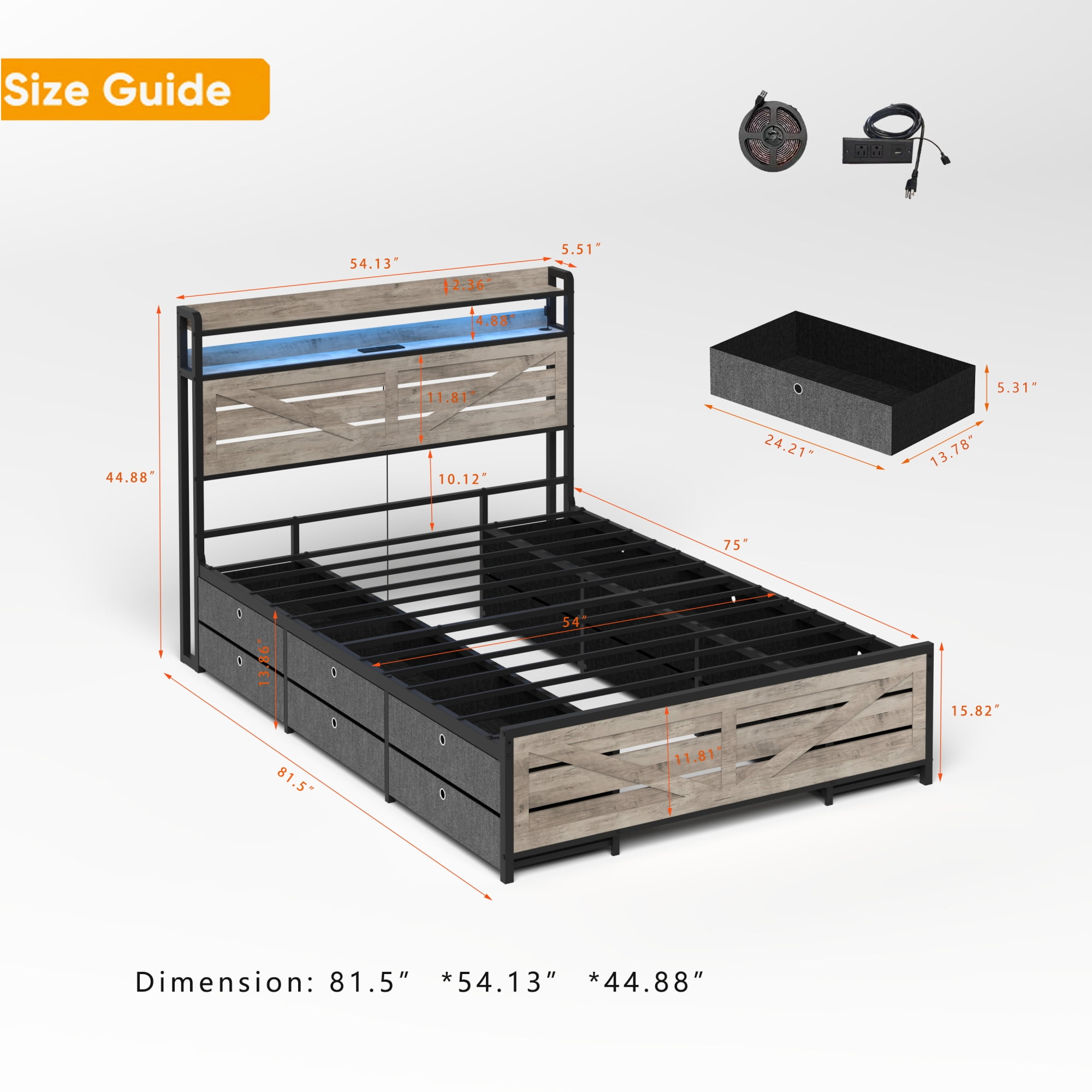 Leumius Full Size Bed Frame with 12 Drawers and LED Lights,Metal Platform Bed with Stroage Shlef,Gray