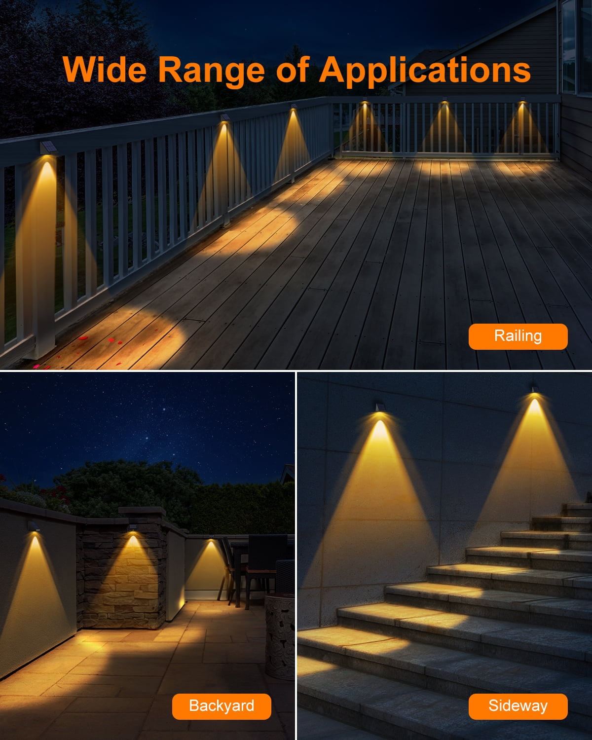16 Pack Decorative Solar Powered Fence Lights Outdoor Waterproof with Warm White LED Spot Lens, for Outside Wall, Deck, Patio, Yard, Rail, Garage, Pool