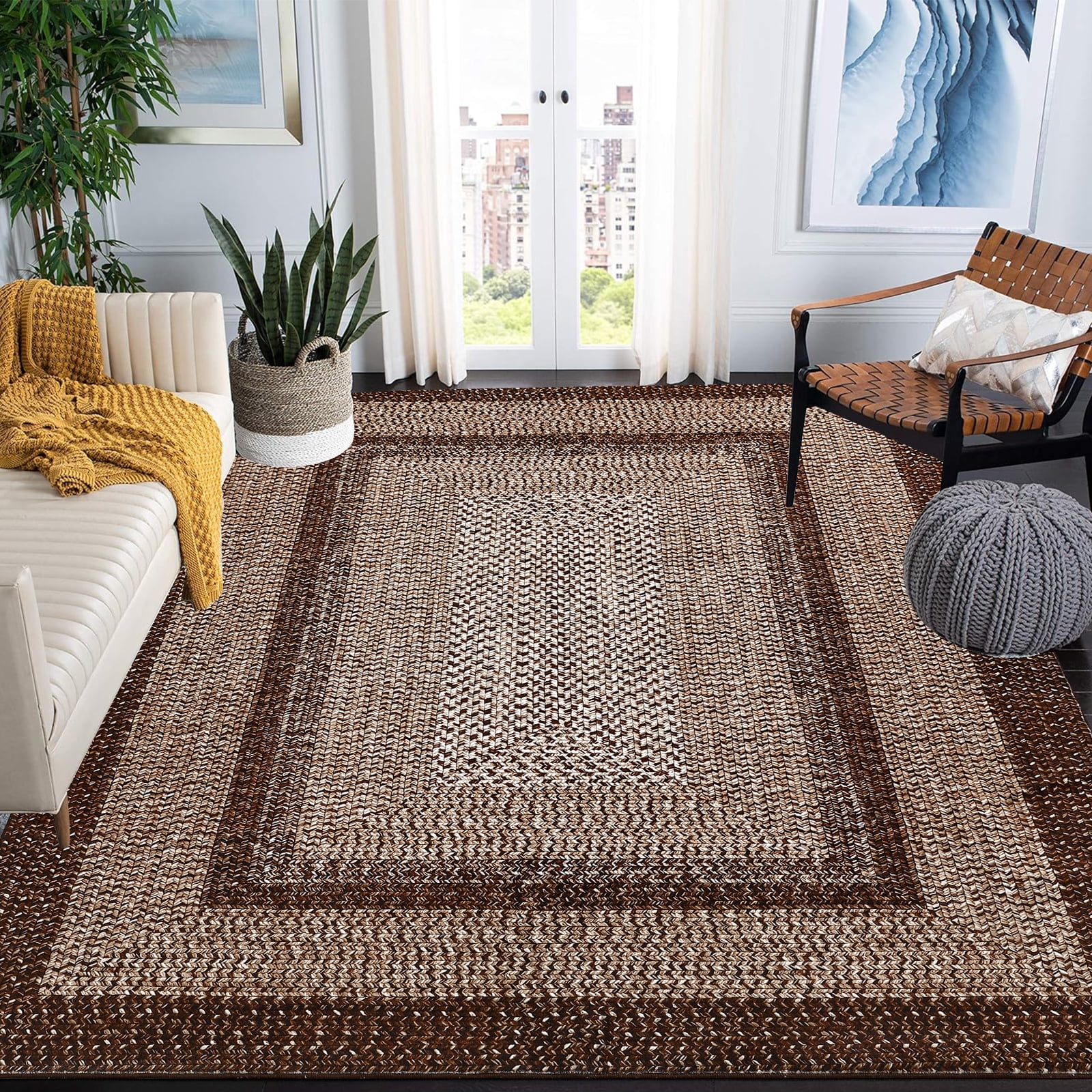 Tzou Modern Braid Print Washable Area Rugs 5x7ft with Anti-Slip TPR Back, Ultra-Thin Carpet for Living Room Bedroom Dining Room