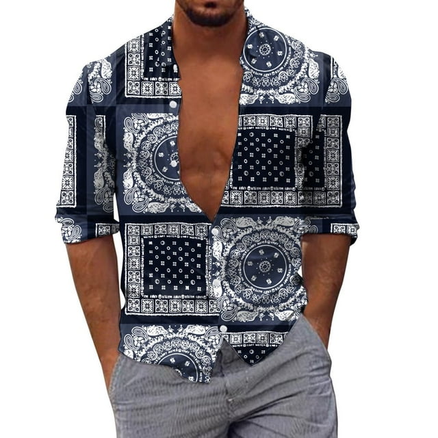 EIMELI Hommes Automne Hiver Revers à Poitrine Pleine Impression Plage Chemise à Manches Longues