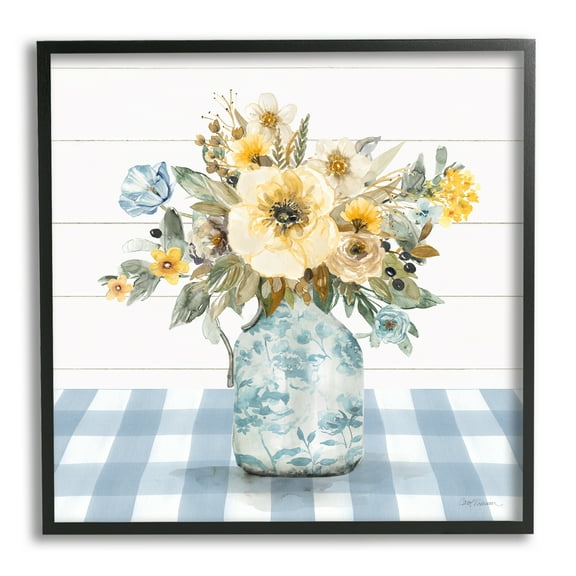Stupell Industries Bouquet with Blue Plaid Botanical & Floral Painting Black Framed Art Print Wall Art, 12 x 12