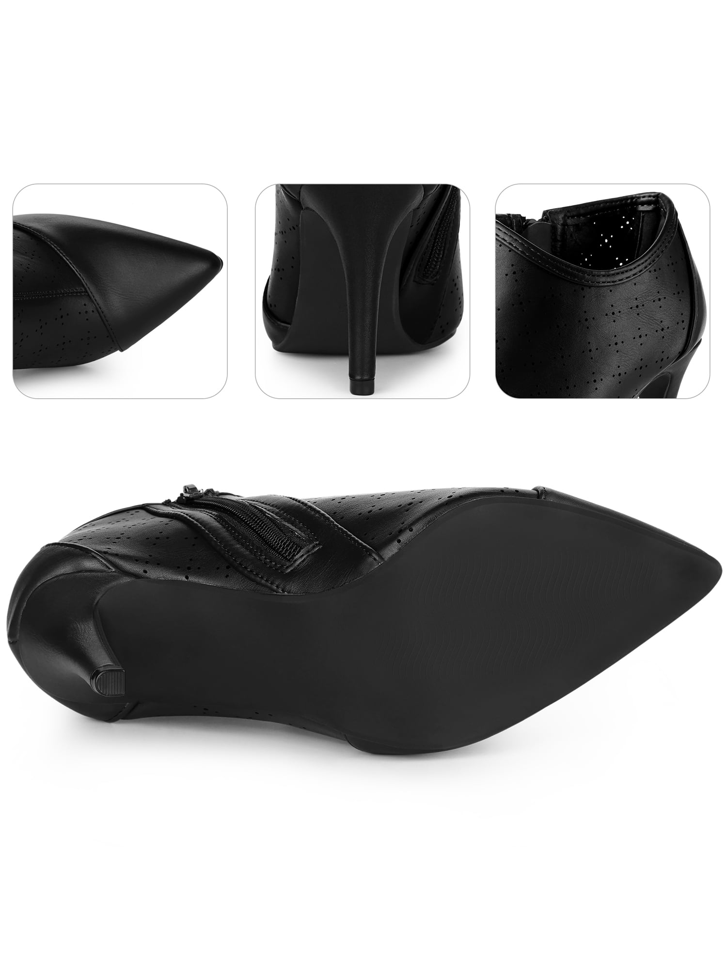 DARING DIVA Women's Perforated Pointy Toe Zipper Stiletto Heeled Ankle Boots Black 9.5