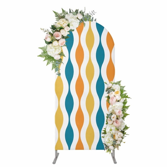 Arch Covers, Yellow Teal Orange Striped Arch Covers Stretchy Backdrop 5'x2.1', Middle Century Abstract Art Aesthetics Spandex Round Top Chiara Arches Backdrop Cover for Wedding Party Birthday Banquet