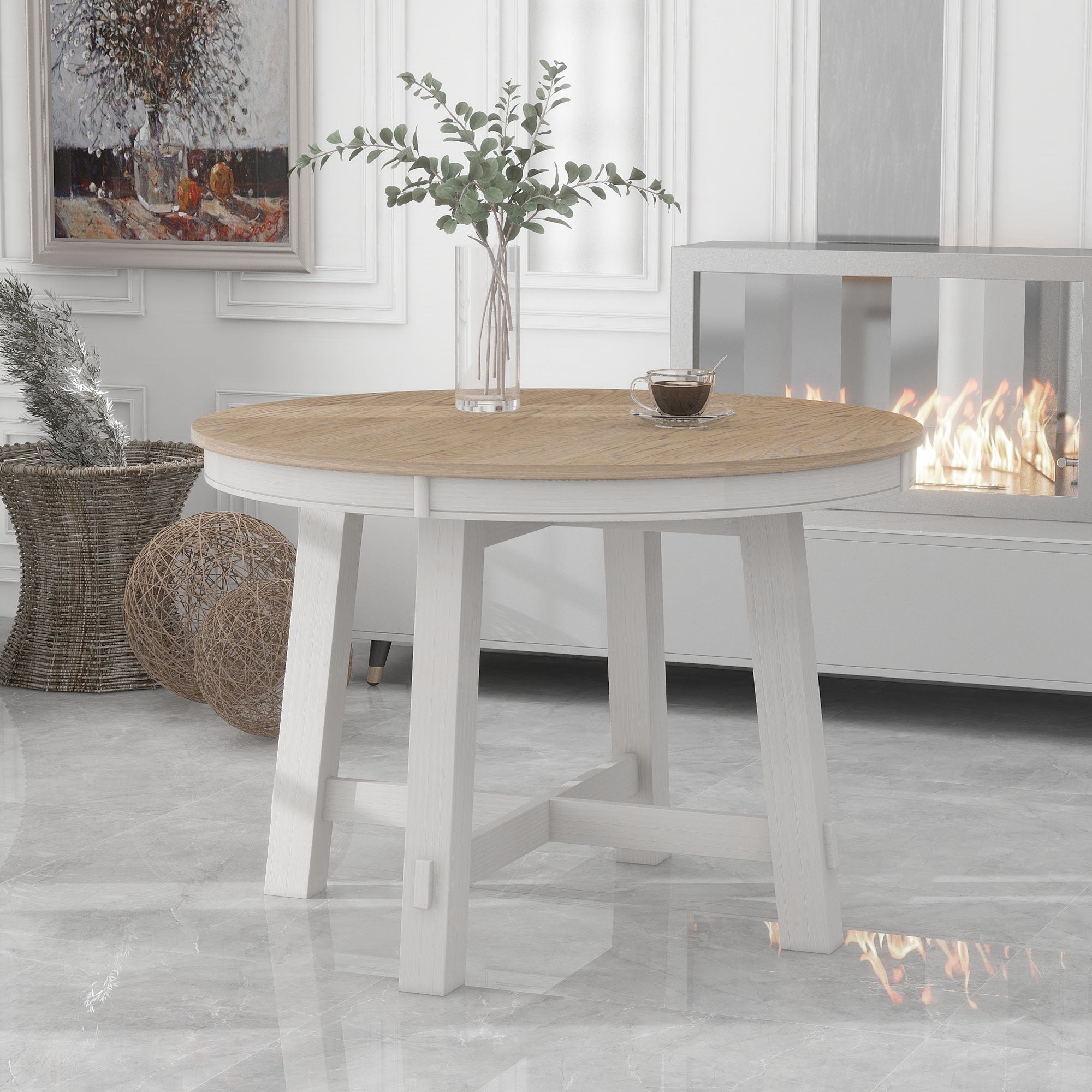 Aukfa Dining Table for 4-6, 42"-58" Extendable Round Kitchen Table with 16" Rustic Drop Leaf for Dining Room/Living Room, Antique White