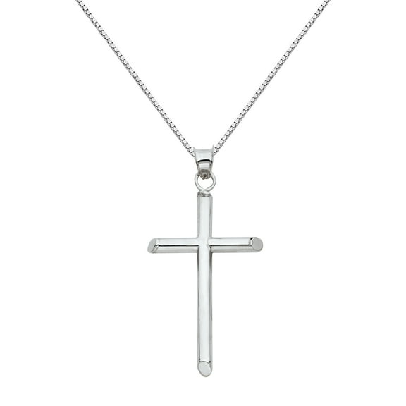 Wellingsale 14k White Gold Polished Classic Religious Cross Charm Pendant with 1mm Box Link Chain Necklace - 16"