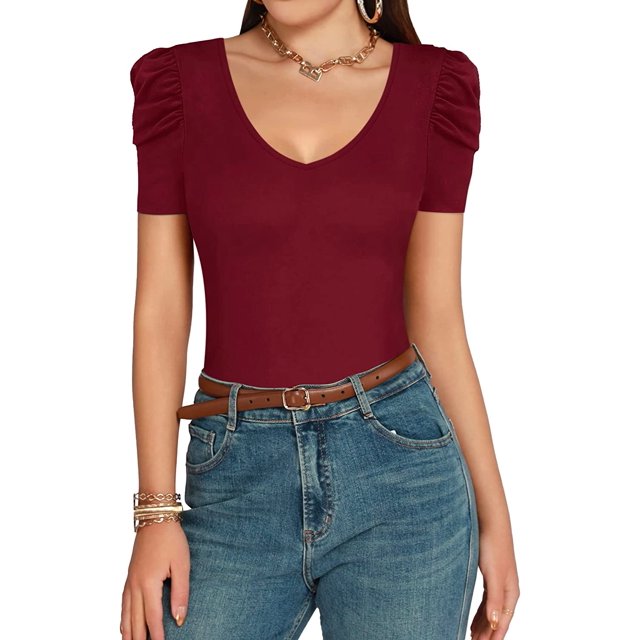 Xishao Body para mujer con cuello en V profundo y manga corta abombada, ajuste entallado, blusa casual elegante Xishao ropa