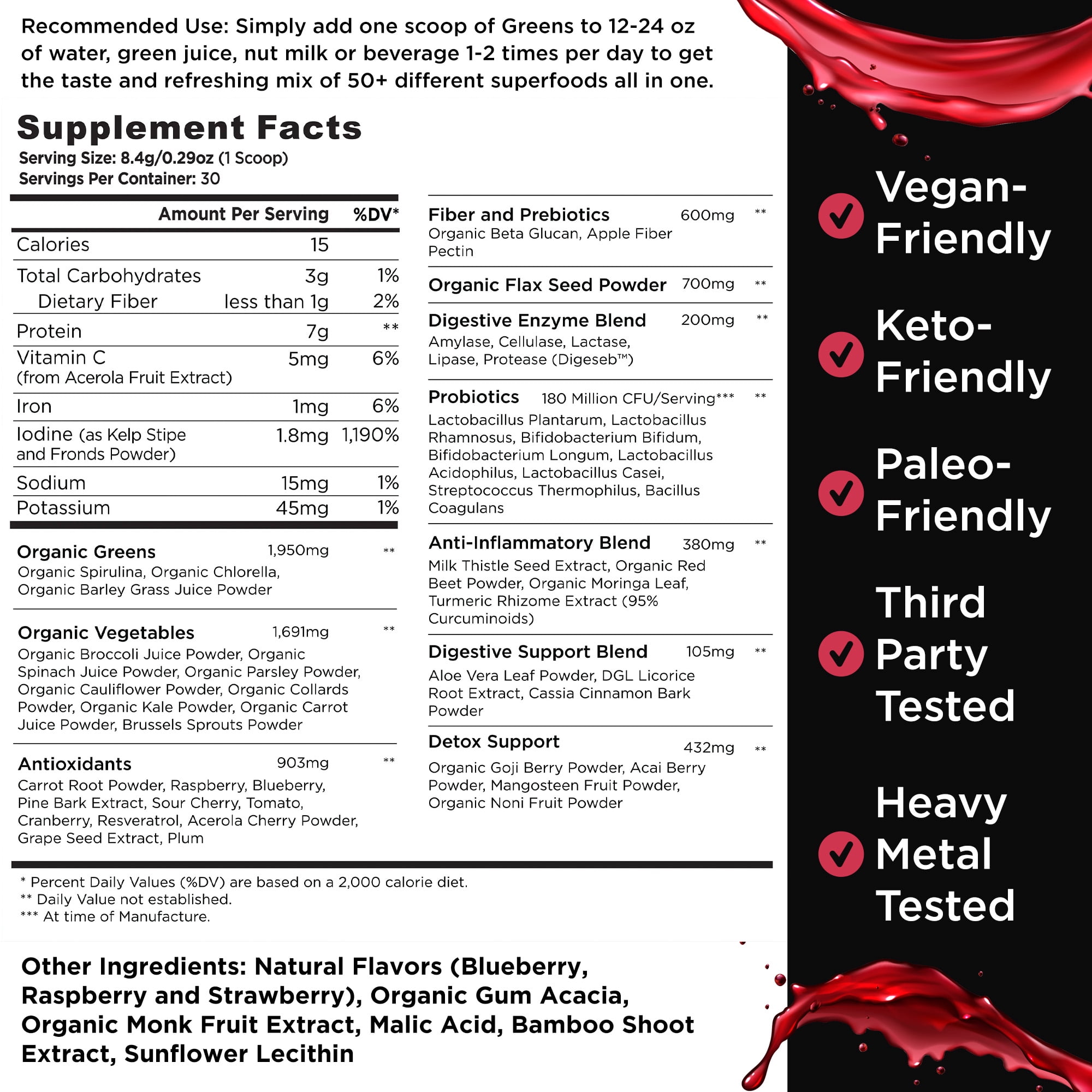 Livingood Daily Greens & Superfood Powder, Super Greens for Gut Health, Green Juice Powder with Spirulina, Chlorella, and Digestive Enzymes, Probiotics for Digestive Support, Berry, 30 Servings