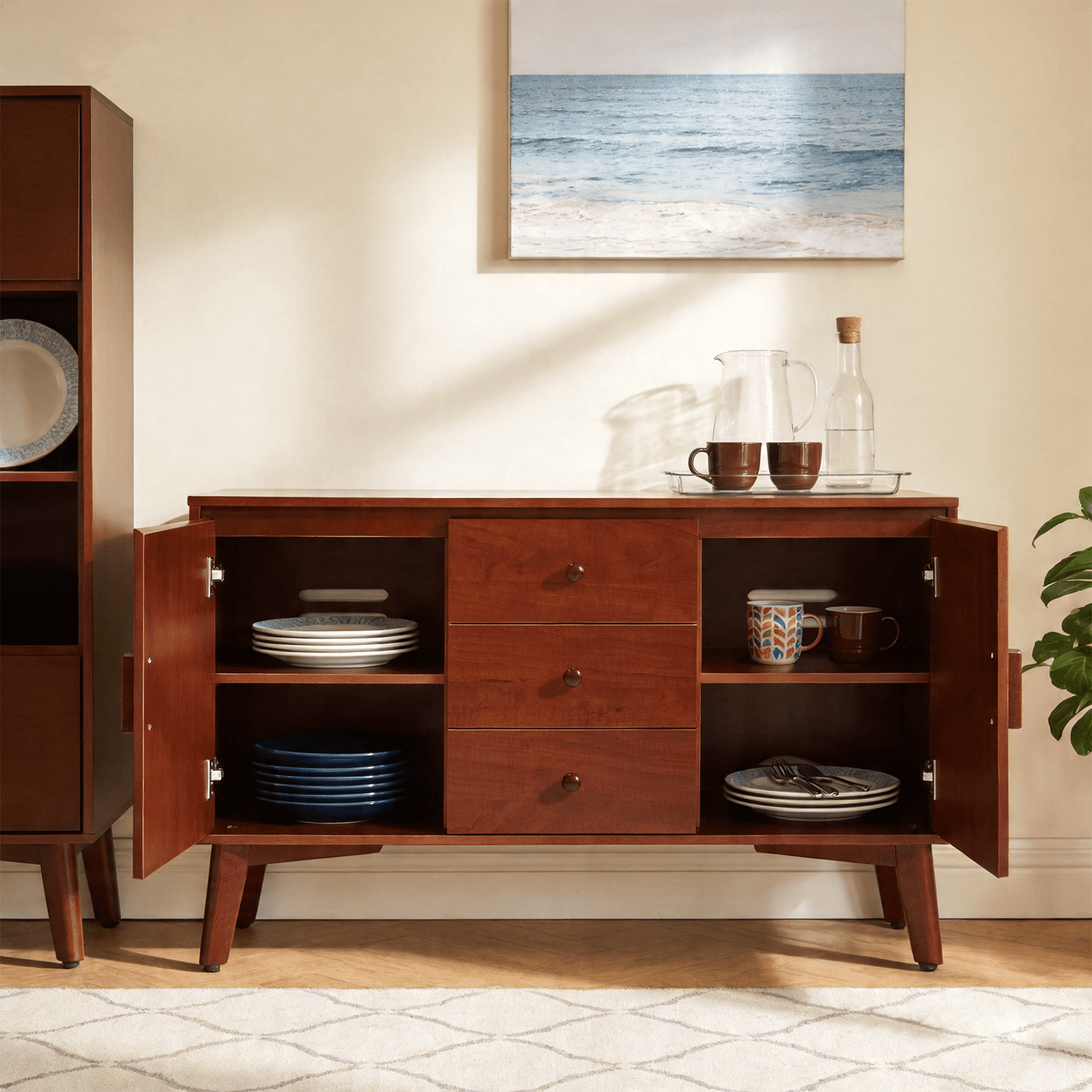 47.3" Sideboard Buffet Cabinet, Kitchen Buffet Cabinet with Solid Wood Frame Legs & Wooden Handle, Storage Cabinet with 2 Doors and 3 Drawers for Kitchen,Dining,Living Room, Walnut