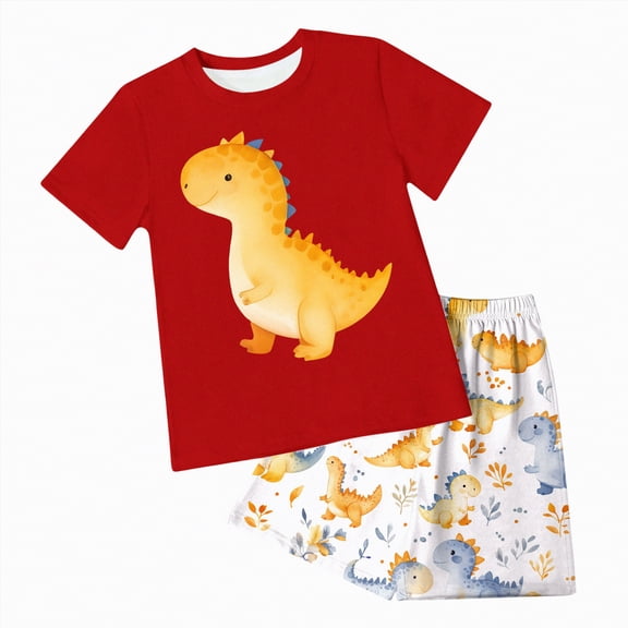 Hessimy Toddler Boy Summer Outfit Short Sleeve T Shirt Shorts Set Neutral Clothes（Red,3-4 Years)