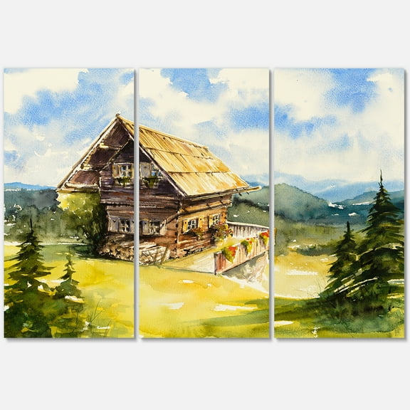 Designart ' Old Cottage At Summer With Peaceful Landscape ' Traditional Canvas Wall Art Print