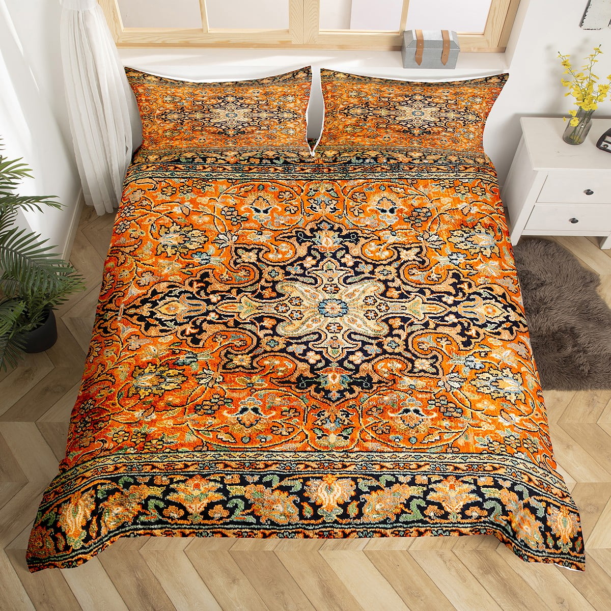 Ethnic Pattern Duvet Cover King, Orange Boho Bedding Set, Southwest