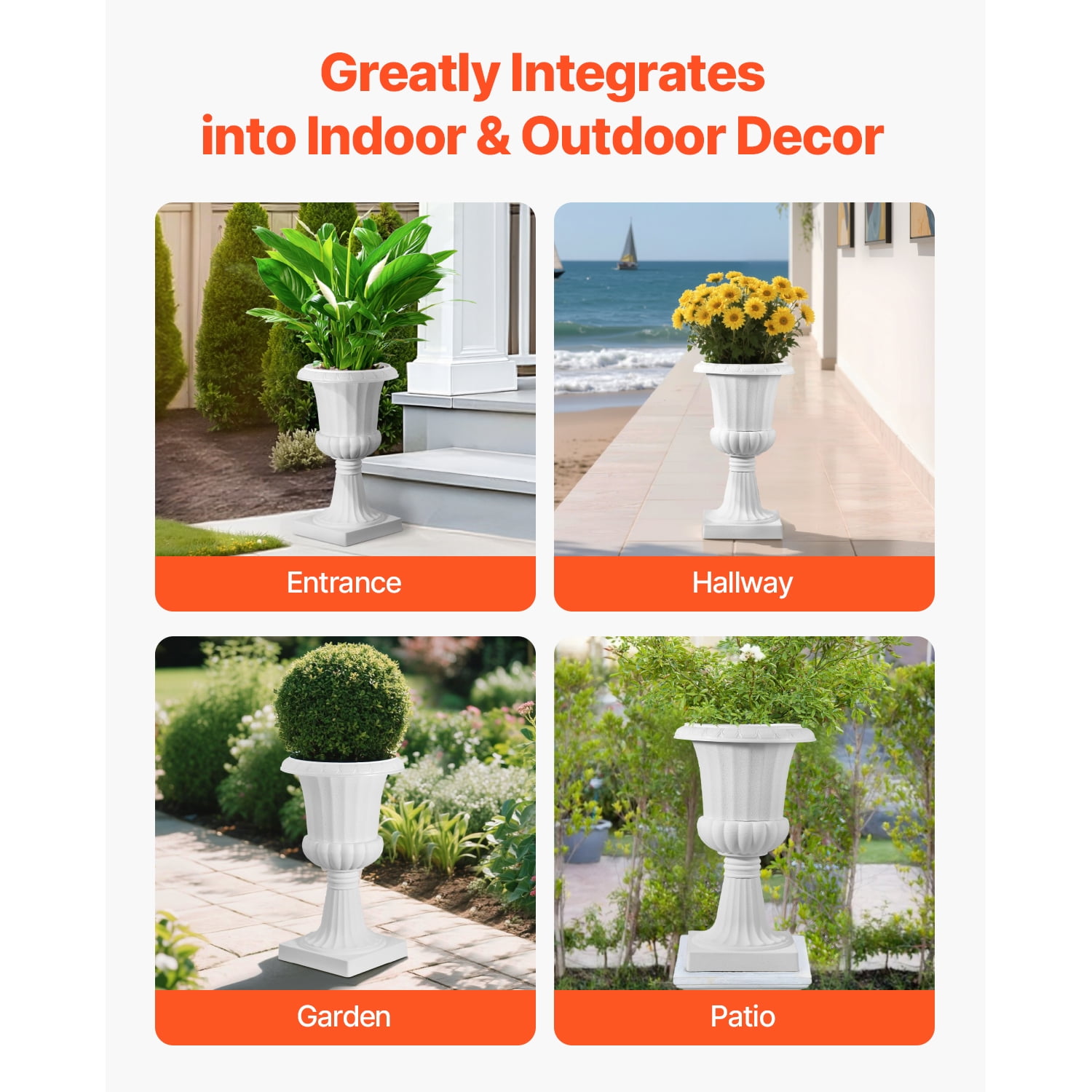 KFFKFF Plastic Urn Planters, 9.8 x 16.5 Inch, Set of 2 White Decorative Flower Pots for Indoor & Outdoor Use, Ideal for Weddings, Events, Home, Garden, Balcony, Patio, and Stage Decorations