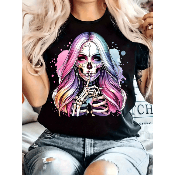 Women's Sugar Skull Graphic T‑Shirt, Rainbow Hair Silent Skeleton Print, Round Neck Short Sleeve Casual Top, Halloween T shirts