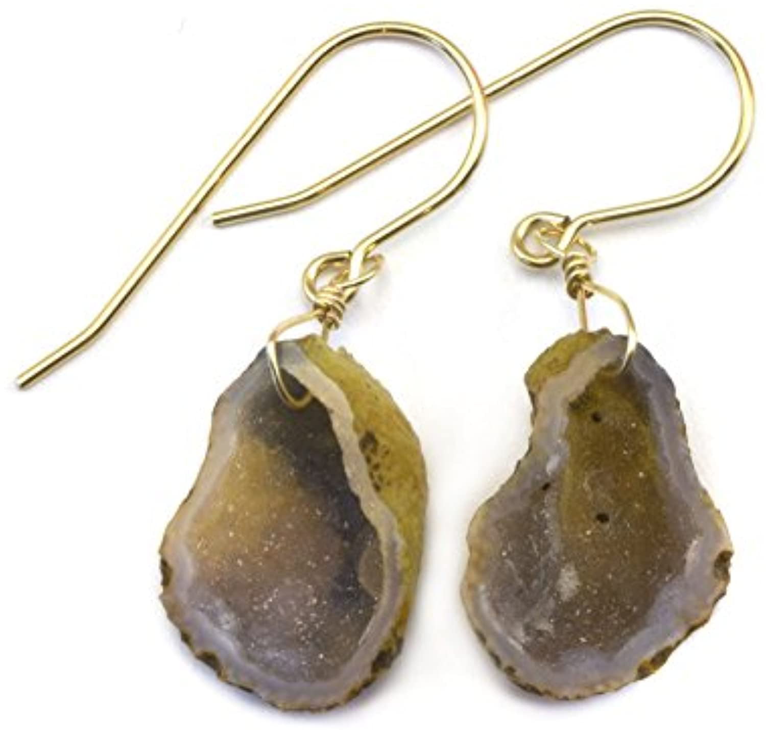 Yellow Oval Cut Natural Agate Geode Druzy Yellow Gold Plated Dangle Earrings