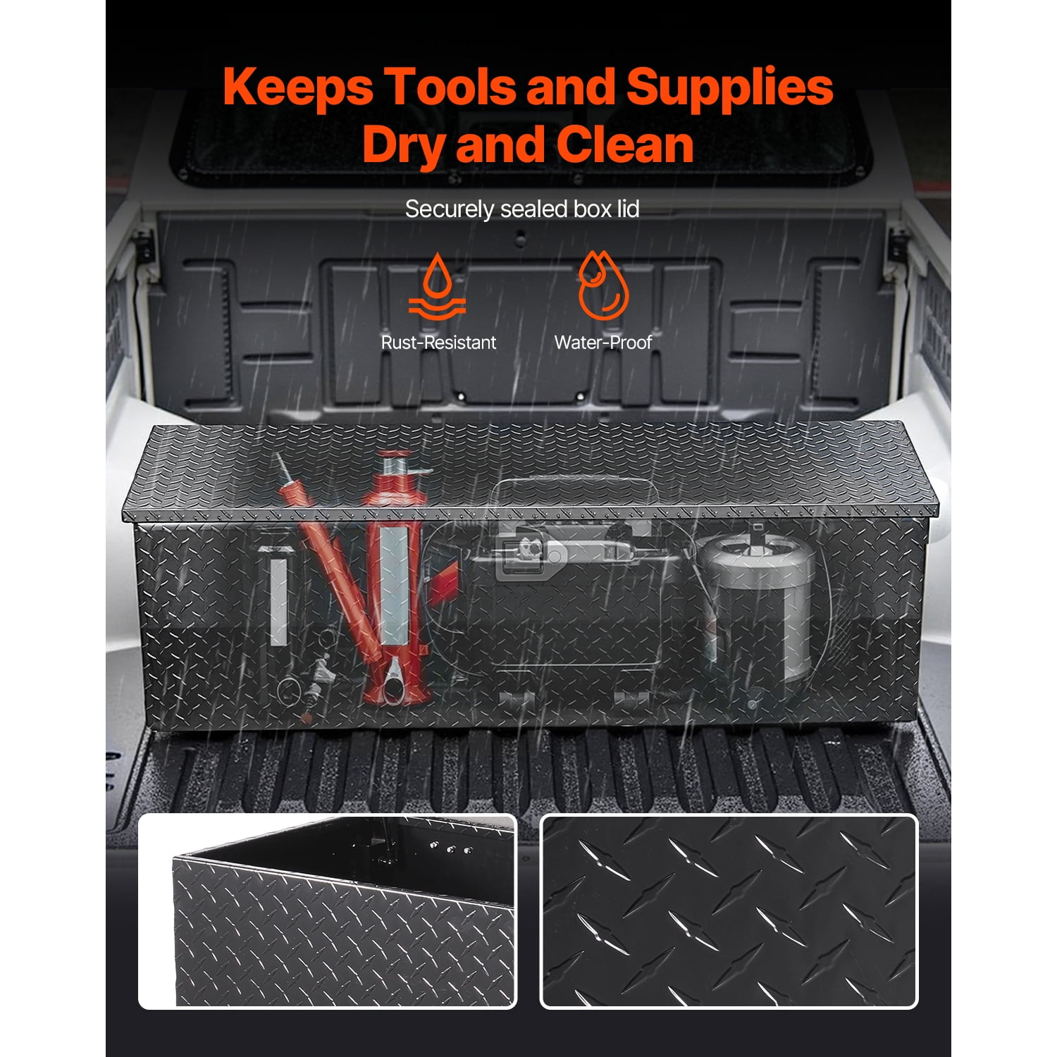 KFFKFF Heavy Duty Aluminum Truck Bed Tool Box, Diamond Pattern Storage Chest with Side Handles and Lock Keys, Organizer for Trailers, Pickups, Truck Beds, RVs, 49"x15"x15", Black