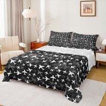 Homewish Cartoon Airplane Boys Queen Sheet Sets, Helicopter Print Flat Sheet, Plane Vehicle Theme Queen Fitted Sheet, Super Cozy Room Decor, 4 Pieces