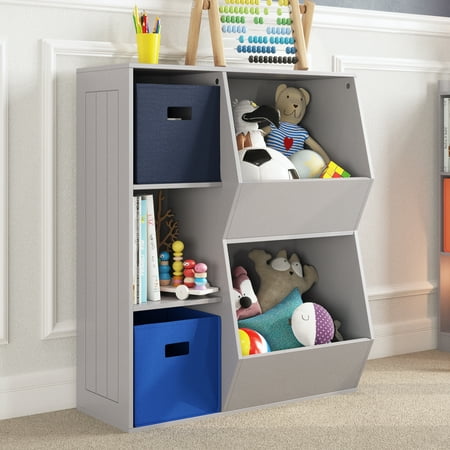 RiverRidge Kids Playroom Toy Organizer and Bookcase with 3 Cubbies and 2 Veggie Storage Bins - Gray