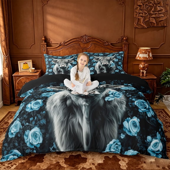jejeloiu Blue Rose Highland Cow Duvet Cover Set Kids,Floral Farm Print Bedding Full,Reversible,3pcs(No Comforter)
