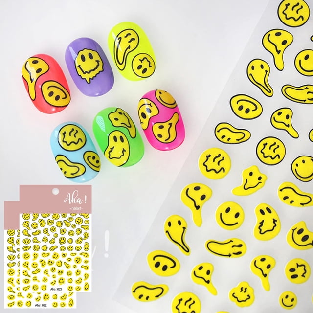 Graffiti Fun Nail Art Pegatinas Calcomanías Abstracto Amarillo Cara Torcida Nail Art Pegatina 3D Autoadhesivo DIY Diseño Moda Tendencia Glamour Decoración Accesorios para Damas Niñas Niños (2 hojas)