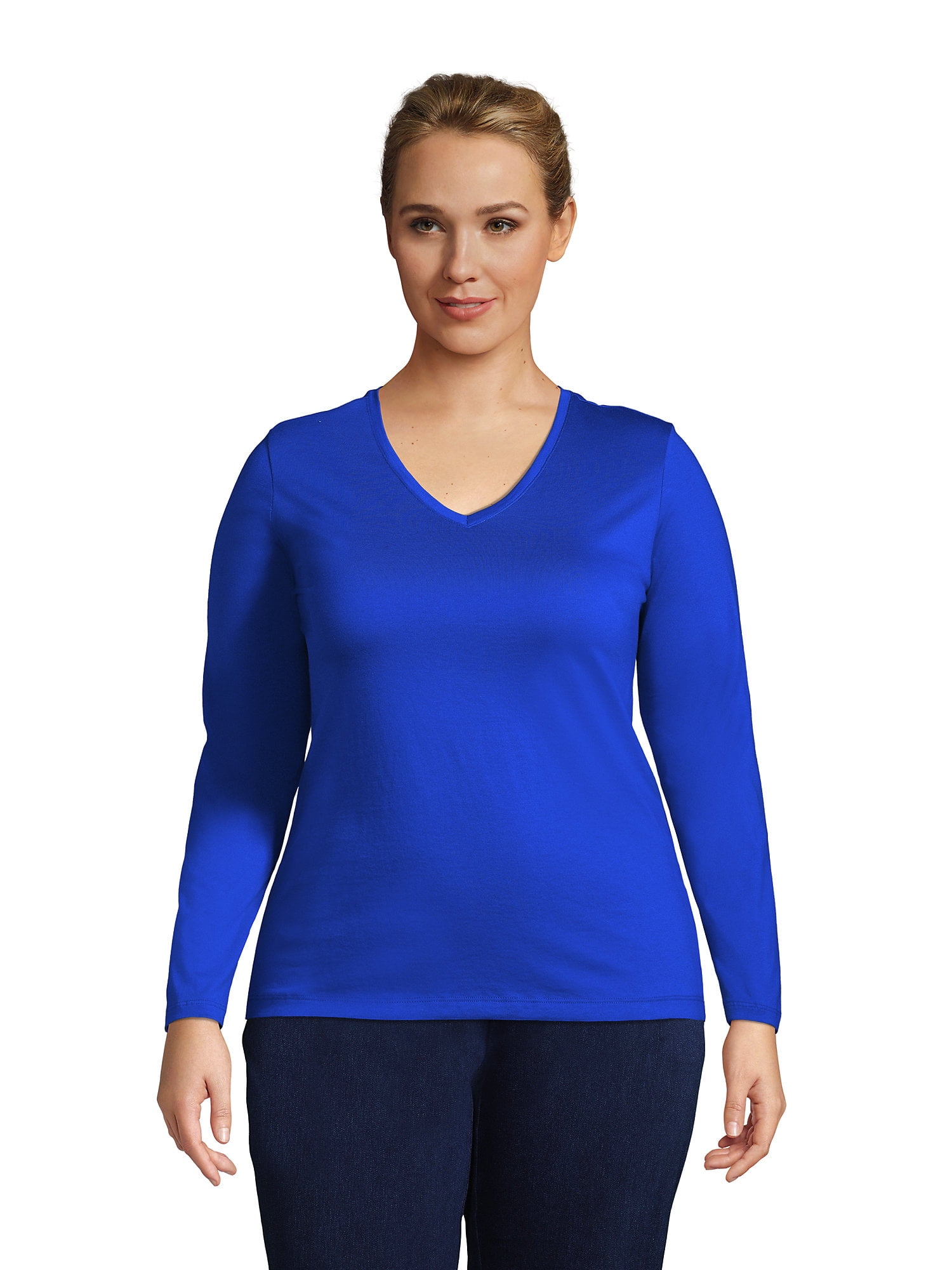 Lands' End Women's Plus Size Relaxed Supima Cotton Long Sleeve VNeck T