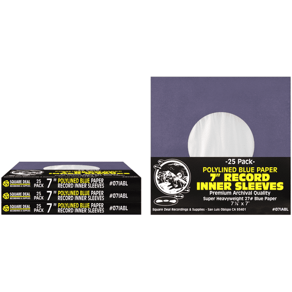 (100) Super Heavyweight Polylined Blue Paper Inner Sleeves for 7" Records - Archival Quality, Acid-Free, Static-Free - Premium Protection - 07IABL