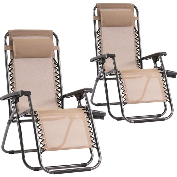 YRLLENSDAN Outdoor Zero Gravity Folding Chair 2 Pack, Portable Lounge Chairs Recliners with Adjustable Pillows & Cup Holder Tray - Tan