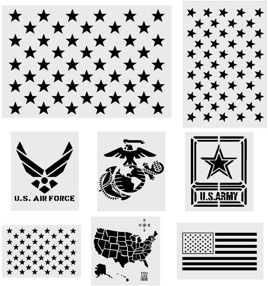 8 pcs plastic stencil template 1 mysterious airbrush stencils american flag 50 star u s map flag marine corps army air force for planner notebook diary scrapbook graffiti diy drawing painting walmart com