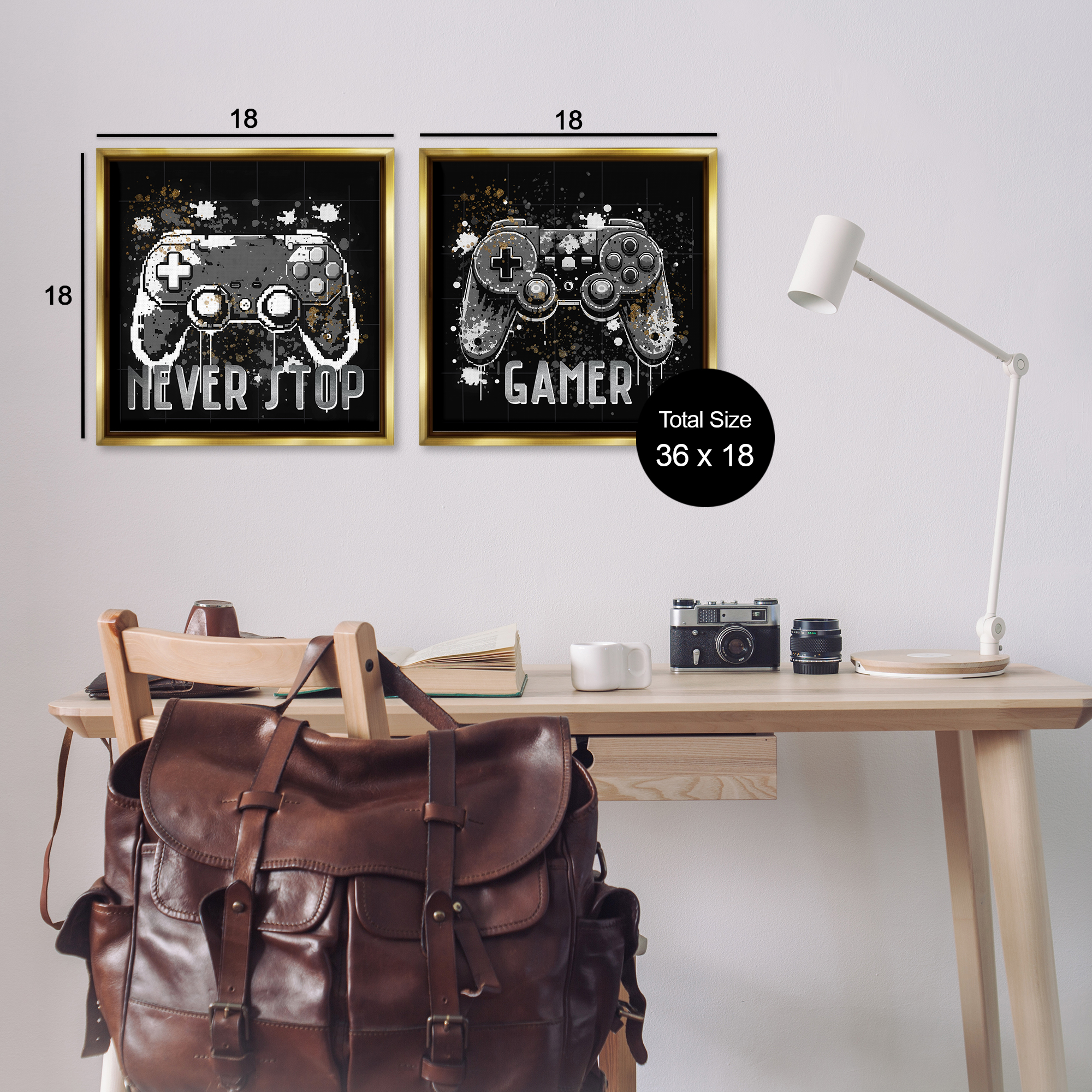 Stupell Industries Never Stop Modern Gamer Entertainment Painting Gold Floater Framed Canvas Art Print Wall Art, 18 x 18, Set of 2