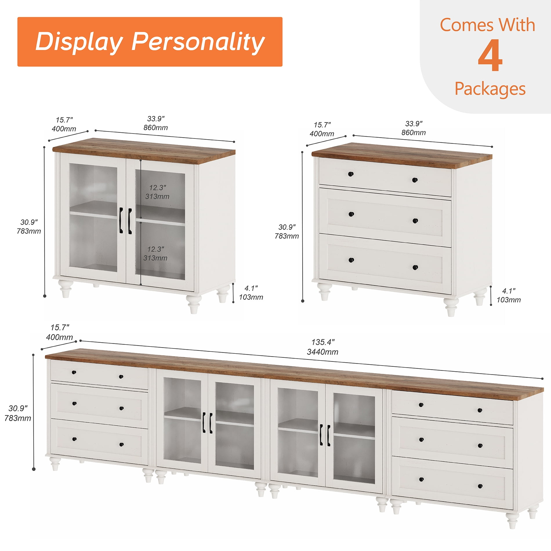 TV Stand for 100 Inch TV, TV Cabinet with 6 Drawers, Entertainment Centers with Glass Doors for Living Room, White